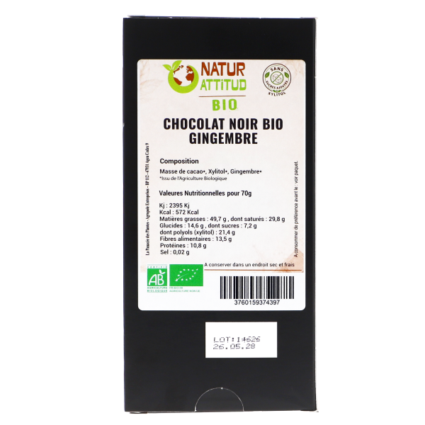 Lot de 3 - Chocolat Noir BIO Gingembre Sans Sucres Ajoutés (au Xylitol) - 3 x 70 g - Natur\'Attitud