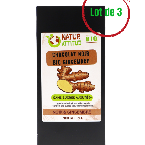 Lot de 3 - Chocolat Noir BIO Gingembre Sans Sucres Ajoutés (au Xylitol) - 3 x 70 g - Natur\'Attitud
