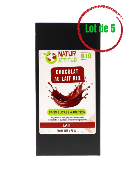 Lot de 5 - Chocolat au Lait BIO Sans Sucres Ajoutés (au Xylitol) - 5 x 70 g - Natur\'Attitud