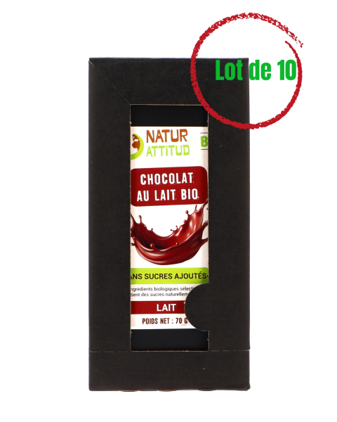 Lot de 10 - Chocolat au Lait BIO Sans Sucres Ajoutés (au Xylitol) - 10 x 70 g - Natur\'Attitud