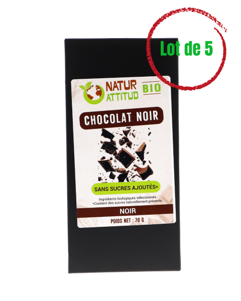 Lot de 5 - Chocolat Noir BIO Sans Sucres Ajoutés (au Xylitol) - 5 x 70 g - Natur\'Attitud