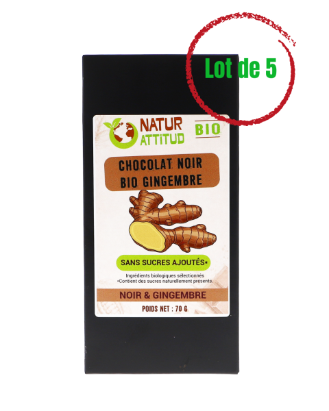 Lot de 5 - Chocolat Noir BIO Gingembre Sans Sucres Ajoutés (au Xylitol) - 5 x 70 g - Natur\'Attitud