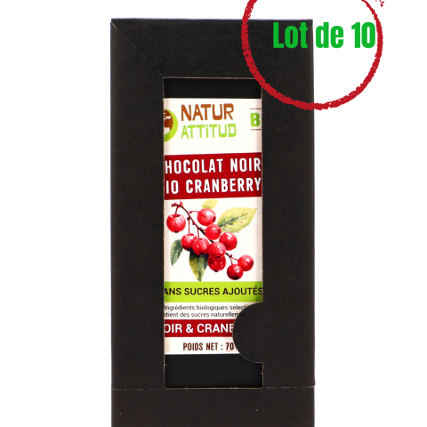 Lot de 10 - Chocolat Noir BIO Cranberry Sans Sucres Ajoutés (au Xylitol) - 10 x 70 g - Natur\'Attitud