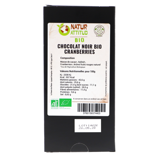 Lot de 5 - Chocolat Noir BIO Cranberry Sans Sucres Ajoutés (au Xylitol) - 5 x 70 g - Natur\'Attitud