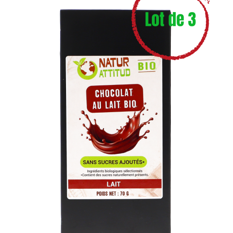 Lot de 3 - Chocolat au Lait BIO Sans Sucres Ajoutés (au Xylitol) - 3 x 70 g - Natur\'Attitud