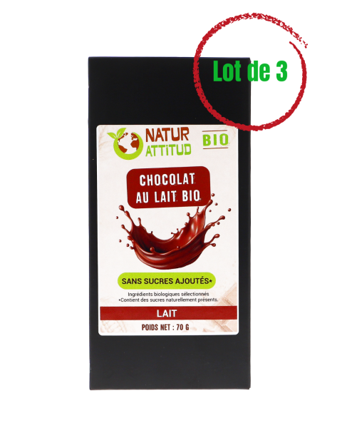 Lot de 3 - Chocolat au Lait BIO Sans Sucres Ajoutés (au Xylitol) - 3 x 70 g - Natur\'Attitud