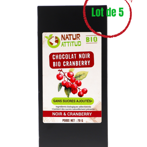 Lot de 5 - Chocolat Noir BIO Cranberry Sans Sucres Ajoutés (au Xylitol) - 5 x 70 g - Natur\'Attitud