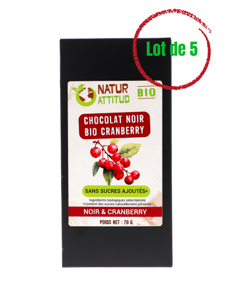 Lot de 5 - Chocolat Noir BIO Cranberry Sans Sucres Ajoutés (au Xylitol) - 5 x 70 g - Natur\'Attitud