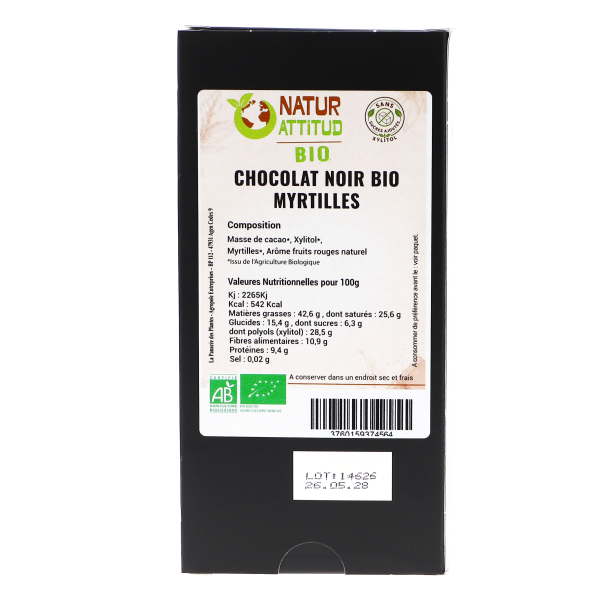 Chocolat Noir BIO Myrtilles Sans Sucres Ajoutés (au Xylitol) - 70 g - Natur\'Attitud