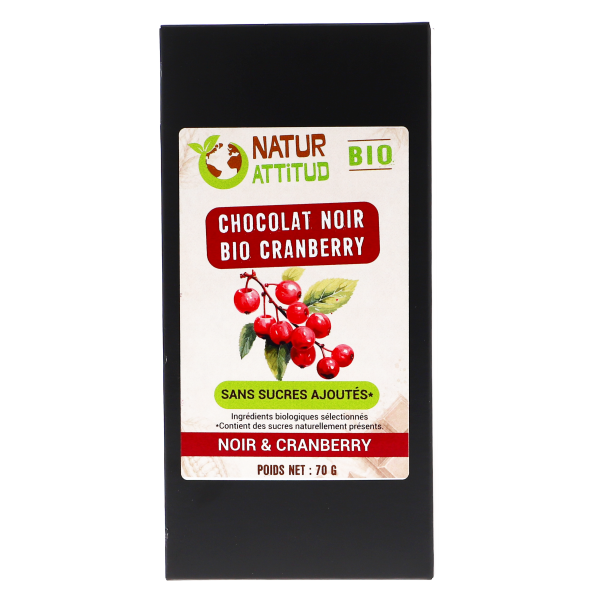Chocolat Noir BIO Cranberry Sans Sucres Ajoutés (au Xylitol) - 70 g - Natur\'Attitud