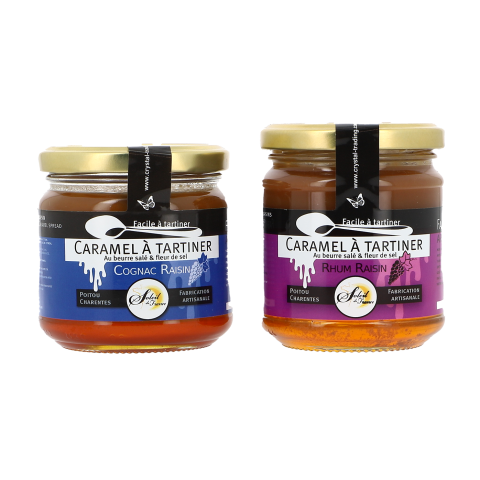 Lot de 2 pots de Caramel à tartiner : Cognac raisin et Rhum raisin