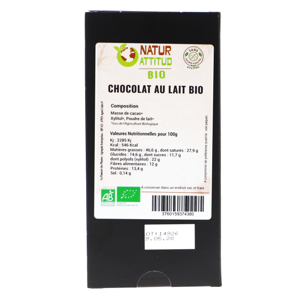 Lot de 10 - Chocolat au Lait BIO Sans Sucres Ajoutés (au Xylitol) - 10 x 70 g - Natur\'Attitud
