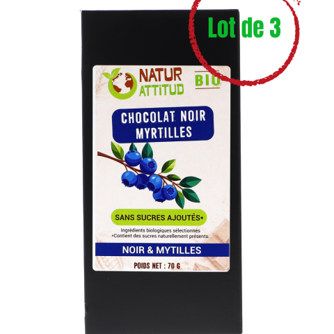 Lot de 3 - Chocolat Noir BIO Myrtilles Sans Sucres Ajoutés (au Xylitol) - 3 x 70 g - Natur\'Attitud