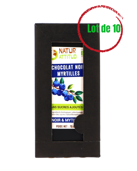Lot de 10 - Chocolat Noir BIO Myrtilles Sans Sucres Ajoutés (au Xylitol) - 10 x 70 g - Natur\'Attitud